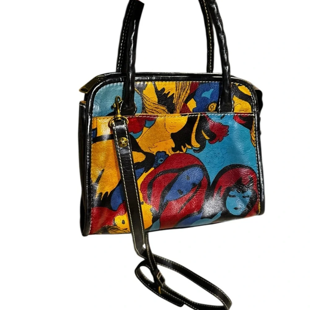 Patricia Nash leather top handle abstract faces crossbody bag